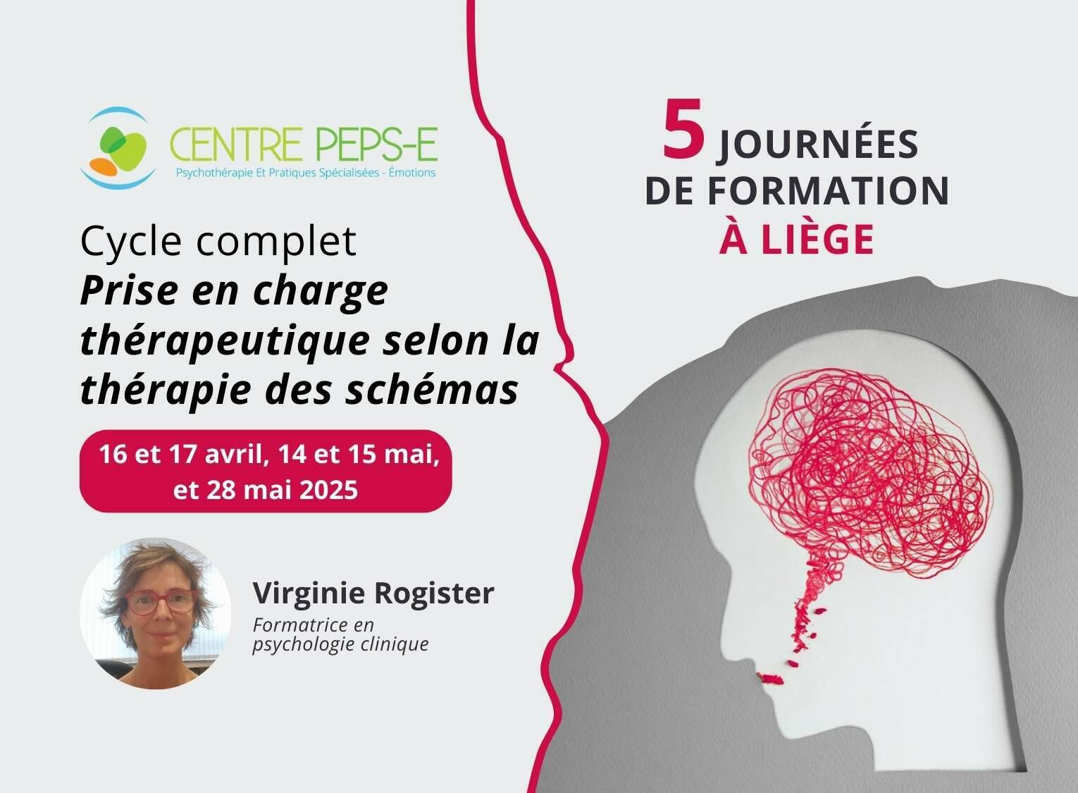 5 journées de formation (Liège) - PRISE EN CHARGE THÉRAPEUTIQUE SELON LA THÉRAPIE DES SCHÉMAS - 16 et 17 avril, 14 et 15 mai, et 28 mai 2025